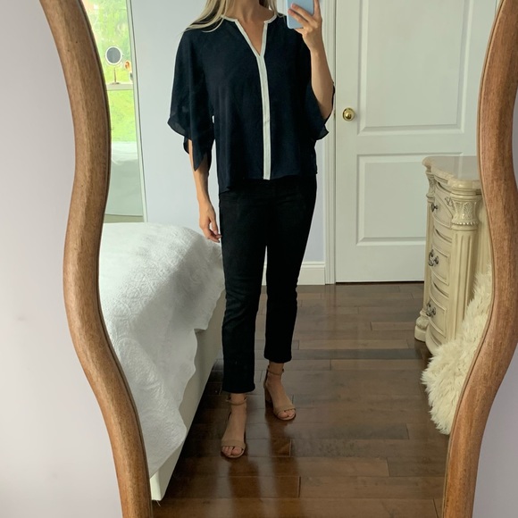 Zara Basic Navy & White Trim Drapey Blouse - Picture 1 of 9